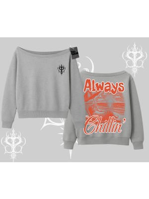 Always Chillin Kedi Arka Baskılı Kayık Yaka Sweatshirt