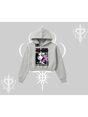 Kapşonlu Crop Sweatshirt Too Good Anime Girl Grafik Baskılı