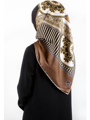 Violla Twill Çizgili ve Barok Desenli Bej Renkli 90X90 Eşarp (Ipek Içermez) Kenar Dikiş Şekli El Dikişli