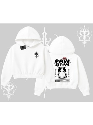 Paw Sitive Kedi Arka Baskılı Kapşonlu Crop Sweatshirt