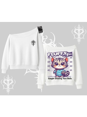 Fluffy The Feline Yazılı Sevimli Kedi Arka Baskılı Kayık Yaka Sweatshirt