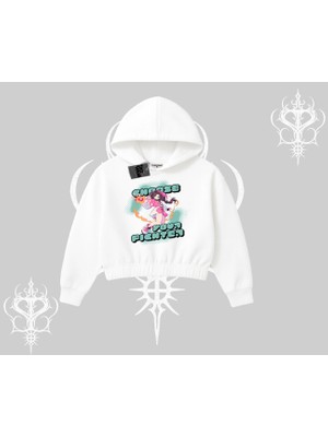 Kapşonlu Crop Sweatshirt Oversize  Anime Kız Desenli Japon Stil