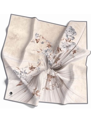 Violla Twill Çiçekli Desenli Gri Renkli 90X90 Eşarp (Ipek Içermez) Kenar Dikiş Şekli El Dikişli