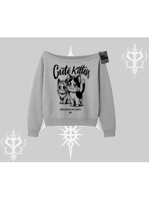 Cute Kitten Yazılı Sevimli Kedi Baskılı Kayık Yaka Sweatshirt
