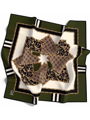 Violla Kristal Ekoseli Gold Desenli Haki - Bej Renkli 90X90 Eşarp (Ipek Içermez) Kenar Dikiş Şekli El Dikiş