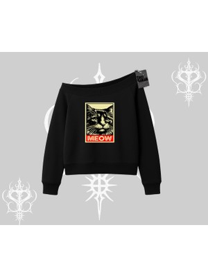 Meow Yazılı Kedi Portre Baskılı Kayık Yaka Sweatshirt