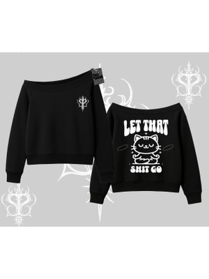 Meditasyon Yapan Kedi Baskılı Kayık Yaka Sweatshirt