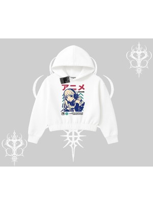 Kapşonlu Crop Sweatshirt Anime Kız Desenli Japon Tarzı