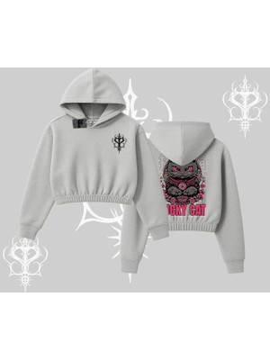 Lucky Cat Japon Tarzı Kedi Baskılı Kapşonlu Crop Sweatshirt
