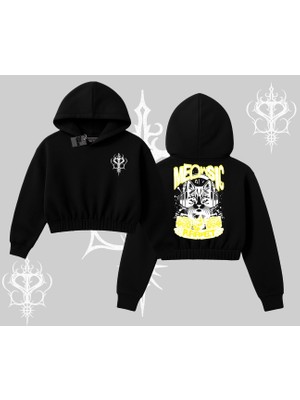 Meowsic Purrfect Kedi Arka Baskılı Kapşonlu Crop Sweatshirt