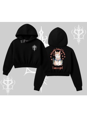 Cute Princess Kedi Tasarımlı Arka Baskılı Kapşonlu Crop Sweatshirt