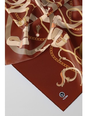 Violla Twill Kemerli ve Zincir Desenli Taba Renkli 90X90 Eşarp (Ipek Içermez) Kenar Dikiş Şekli El Dikişli