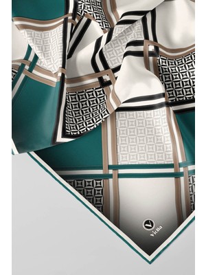 Violla Twill Geometrik Desenli Petrol Yeşilii Renkli 90X90 Eşarp (Ipek Içermez) Kenar Dikiş Şekli El Dikişl