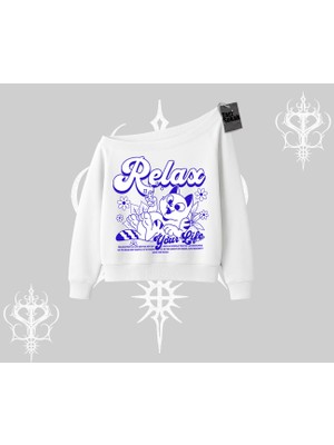 Relax Kedi Baskılı Kayık Yaka Sweatshirt
