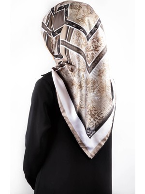 Violla Twill Geometrik Desenli Bej Renkli 90X90 Eşarp (Ipek Içermez) Kenar Dikiş Şekli El Dikişli