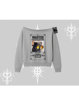 Wanted Temalı Kedi Baskılı Kayık Yaka Sweatshirt