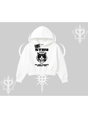 Catronaut Kedi Baskılı Kapşonlu Crop Sweatshirt