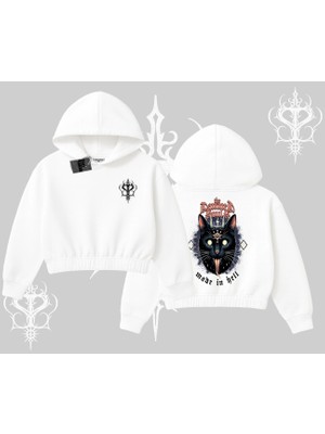 Gothic Cat Made In Hell Baskılı Sweatshirt Kapşonlu Crop Sweatshirt