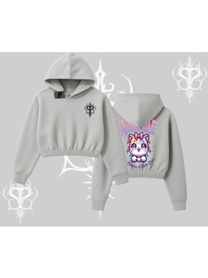 Adorable Kawaii Kedi Arka Baskılı Kapşonlu Crop Sweatshirt