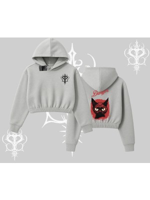 Gotik Kedi Arka Baskılı Kapşonlu Crop Sweatshirt