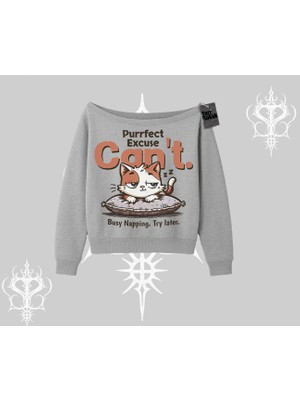 Kedi Baskılı Cant Busy Napping Y2K  Kayık Yaka Sweatshirt