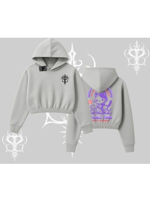 Family Time Yazılı Sevimli Anne Kedi Arka Baskılı Kapşonlu Crop Sweatshirt