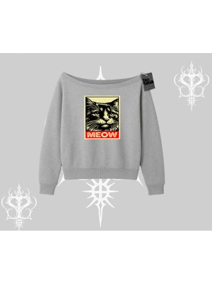 Meow Yazılı Kedi Portre Baskılı Kayık Yaka Sweatshirt