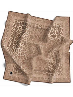 Violla Twill Leopar Desenli Bej Renkli 90X90 Eşarp (Ipek Içermez) Kenar Dikiş Şekli El Dikişli