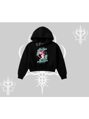 Kapşonlu Crop Sweatshirt Oversize  Anime Kız Desenli Japon Stil