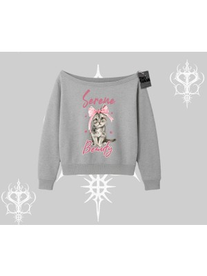 Serene Beauty Kedi Baskılı  Kayık Yaka Sweatshirt