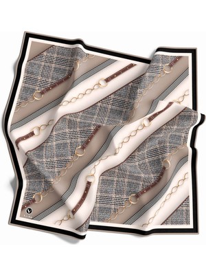 Violla Twill Kemer Desenli Bej Renkli 90X90 Eşarp (Ipek Içermez) Kenar Dikiş Şekli El Dikişli