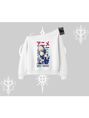 Kayık Yaka Sweatshirt Anime Kız Desenli Japon Tarzı
