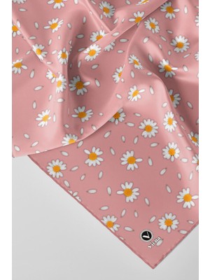 Violla Twill Papatya Desenli Pudra Renkli 90X90 Eşarp (Ipek Içermez) Kenar Dikiş Şekli El Dikişli