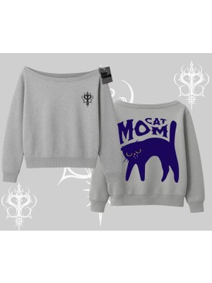 Cat Mom Yazılı Minimal Kedi Arka Baskılı Kayık Yaka Sweatshirt