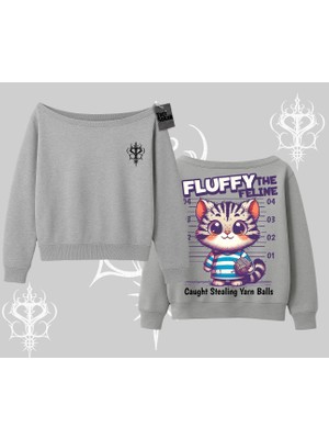 Fluffy The Feline Yazılı Sevimli Kedi Arka Baskılı Kayık Yaka Sweatshirt