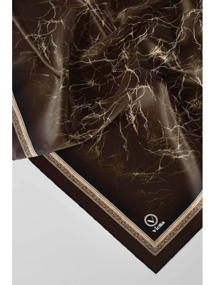 Violla Twill Barok Çerçeveli Mermer Desenli Kahverengi Renkli 90X90 Eşarp (Ipek Içermez) Kenar Dikiş Şekli