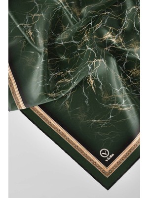 Violla Twill Barok Çerçeveli Mermer Desenli Petrol Yeşili Renkli 90X90 Eşarp (Ipek Içermez) Kenar Dikiş Şek