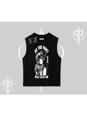 Kolsuz Tshirt Do You Want Play With Me Anime Kız Baskılı