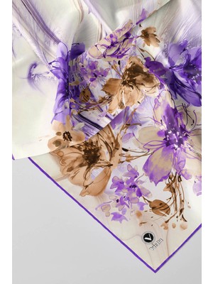 Violla Twill Çiçek Desenli Mor Renkli 90X90 Eşarp (Ipek Içermez) Kenar Dikiş Şekli El Dikişli