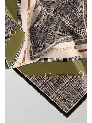 Violla Twill Kemer ve Zincir Detaylı Ekose Desenli Haki Renkli 90X90 Eşarp (Ipek Içermez) Kenar Dikiş Şekli