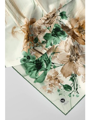 Violla Twill Çiçek Desenli Petrol Yeşili Renkli 90X90 Eşarp (Ipek Içermez) Kenar Dikiş Şekli El Dikişli
