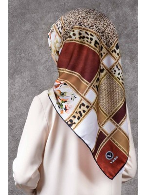 Violla Twill Leopar ve Çiçek Desenli Taba - Bej Renkli 90X90 Eşarp (Ipek Içermez) Dikim Şekli : El Dikişi