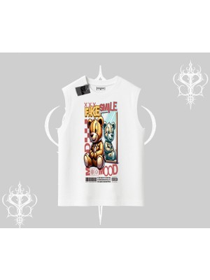 Kolsuz Tshirt Fake Smile Mood Ayıcık Grafik Baskılı