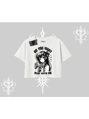 Oversize Crop Tshirt Do You Want Play With Me Anime Kız Baskılı