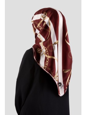 Violla Twill Çizgili Kemer ve Zinci Desenli Bordo Renkli 90X90 Eşarp (Ipek Içermez) Kenar Dikiş Şekli El Di