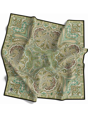 Violla Kristal Şal Desenli Zümrüt Yeşili - Haki Renkli 90X90 Eşarp (Ipek Içermez) Kenar Dikiş Şekli El Diki
