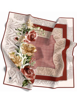 Violla Twill Çiçek Desenli Taba Renkli 90X90 Eşarp (Ipek Içermez) Kenar Dikiş Şekli El Dikişli