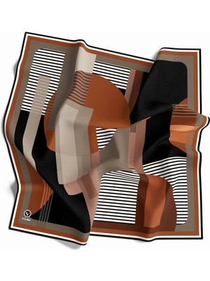 Violla Twill Çizgili ve Geometrik Desenli Taba Renkli 90X90 Eşarp (Ipek Içermez) Kenar Dikiş Şekli El Dikiş
