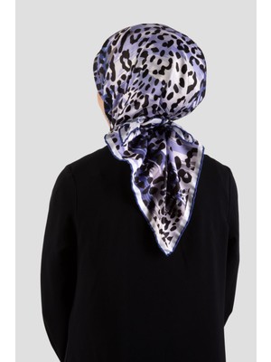 Violla Twill Leopar Desenli Indigo Renkli 90X90 Eşarp (Ipek Içermez) Kenar Dikiş Şekli El Dikişli