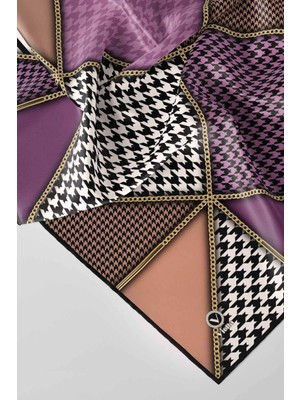 Violla Twil Geometrik ve Kazayak Desenli Lila - Somon Renkli 90X90 Eşarp (Ipek Içermez) Dikim Şekli : El Di